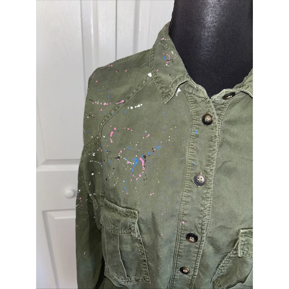 Zara Utility Jacket Dress Size L Green Paint Splatter Button Pockets Military - Picture 2 of 8